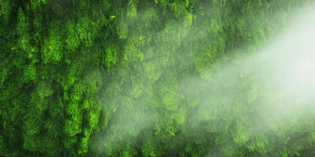 Prompt: top view of forest ground with moss, roots and ferns, tiny light bugs, god's rays, light fog, mysterious atmosphere