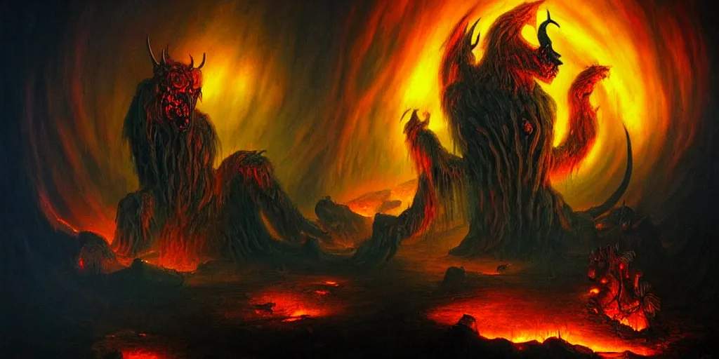 Image similar to mythical creatures and monsters at the mouth of hell, dramatic lighting glow from giant fire, in a dark surreal painting by ronny khalil