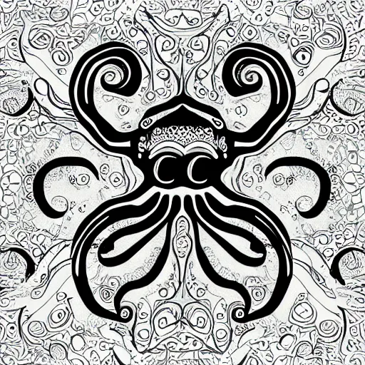 Prompt: octopus fractal deity pulling keys out of its own broken heart, illustration style, vector art, visionary art, bold lines, boho style