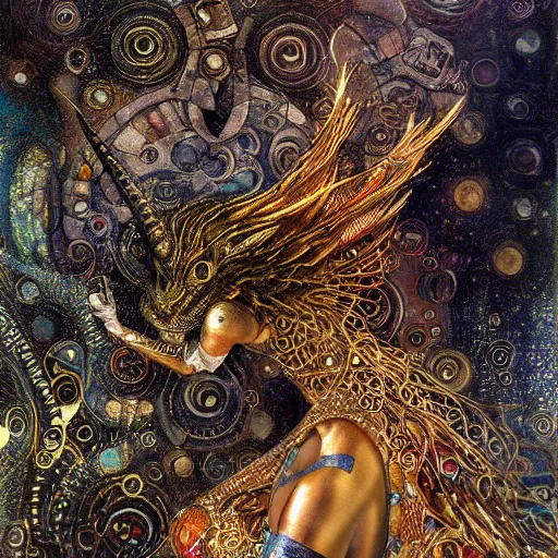 Image similar to cybernetic dragon dreaming in circuitry, intricate detail, klimt, royo, whealan,