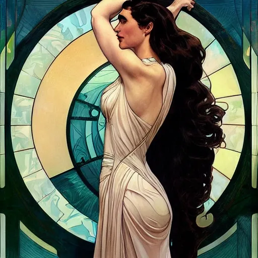 Image similar to a streamline moderne painting of gal gadot in the style of donato giancola, and in the style of charlie bowater, and in the style of alphonse mucha. symmetry, smooth, sharp focus, semi - realism, intricate detail.