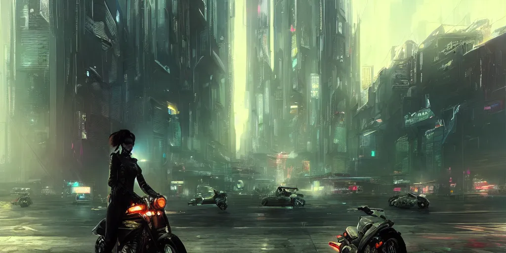 Image similar to portrait of a young beautiful cyberpunk woman on a motorbike driving away down the a street of a cyberpunk city neuromancer, megacity, gorgeous view, depth, high detail, digital art, painted by greg rutkowski & seb mckinnon, trending on artstation