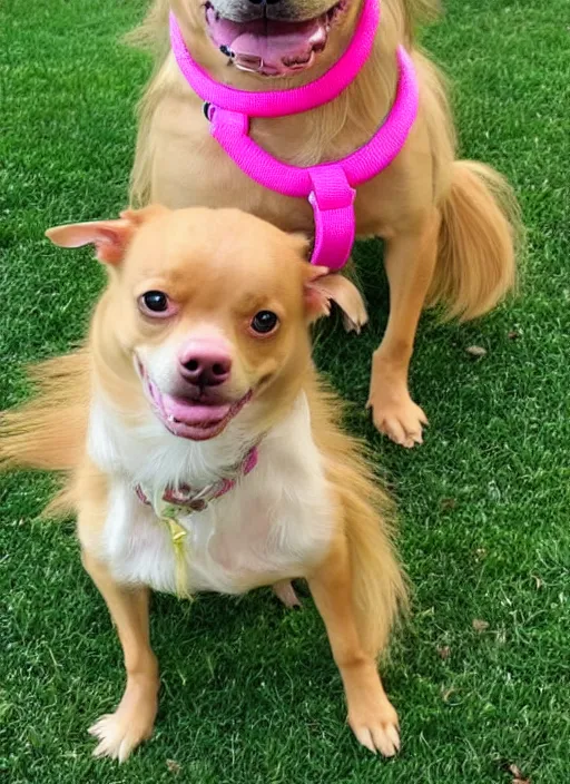 Image similar to fully grown tan pit bull, long - haired chihuahua, pomeranian mix, wearing a pink harness