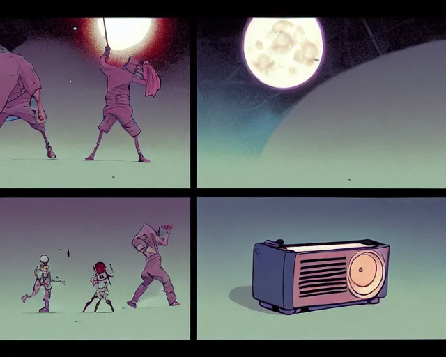 Image similar to three panels from a cell shaded comic book showing a big fat boombox, in front of a big moon, illustration, wide shot, muted colors, post grunge, concept art by josan gonzales and wlop, david rubin, mike mignola, laurie greasley, highly detailed, sharp focus, trending on artstation, hq, deviantart, art by artgem