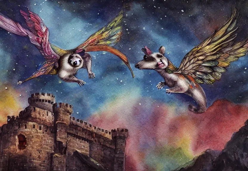 Image similar to legendary rainbow winged possum flying over a medieval castle at night under the dark starred sky, dark fantasy, watercolor, dreaming illusion, highly detailed, 4k, trending on Artstation