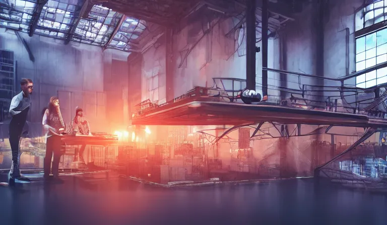 Image similar to group of people in simple warehouse, looking at hologram of futuristic city on a table, cinematic concept art, godrays, golden hour, natural sunlight, 4 k, clear details, tabletop model buildings, center model buildings, hologram center, crane shot, crane shot, crane shot