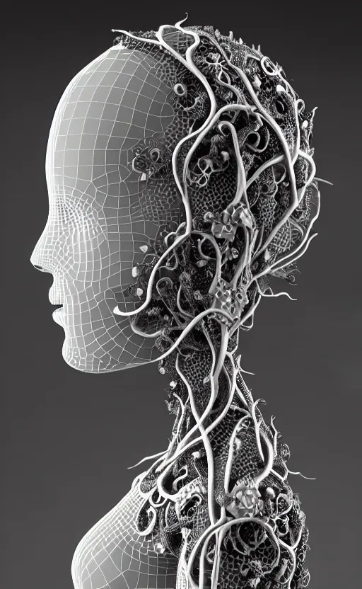 Image similar to black and white complex 3d render of 1 beautiful profile woman porcelain face, vegetal dragon cyborg, 150 mm, sinuous silver metallic ghost orchid flower stems, roots, leaves, fine lace, maze-like, mandelbot fractal, anatomical, facial muscles, cable wires, microchip, elegant, highly detailed, black metalic armour with silver details, rim light, octane render, H.R. Giger style, David Uzochukwu