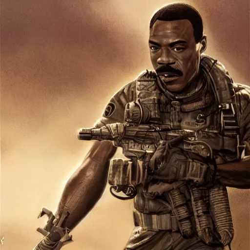 Image similar to Eddie Murphy as a navy SEAL, high resolution fantasy concept art, intricate details, soft lighting