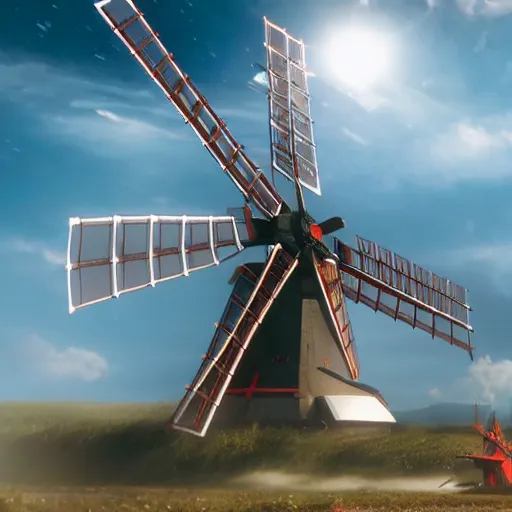 Image similar to gundam as dutch windmill in gundam anime, gundam is windmill shaped, dutch windmill gundam, in gears of war, splash art, movie still, cinematic lighting, ray tracing, octane render, long lens, shallow depth of field, bokeh, anamorphic lens flare, 8 k, hyper detailed, 3 5 mm film grain