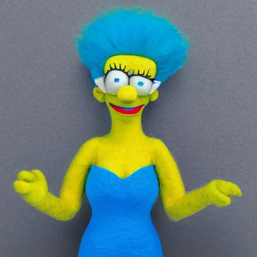 Image similar to marge simpson as a muppet blue hair, yellow skin, green dress. highly detailed felt. hyper real photo. 4 k.