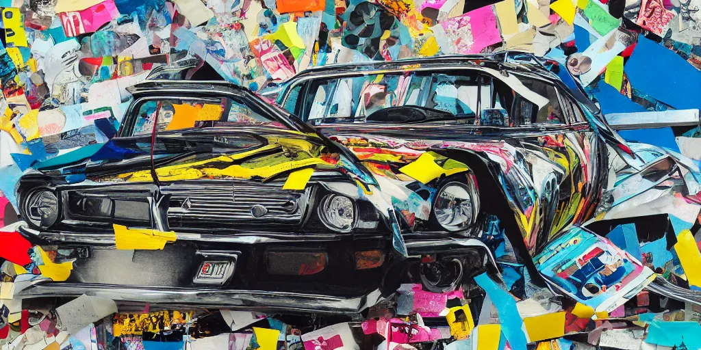 Image similar to lowrider crash test, collage paper and tape, acrylic on canvas, hyperrealism mixed with expressionism, high resolution, cinematic, unreal 6 breathtaking detailed, by blake neubert, by matt sesow