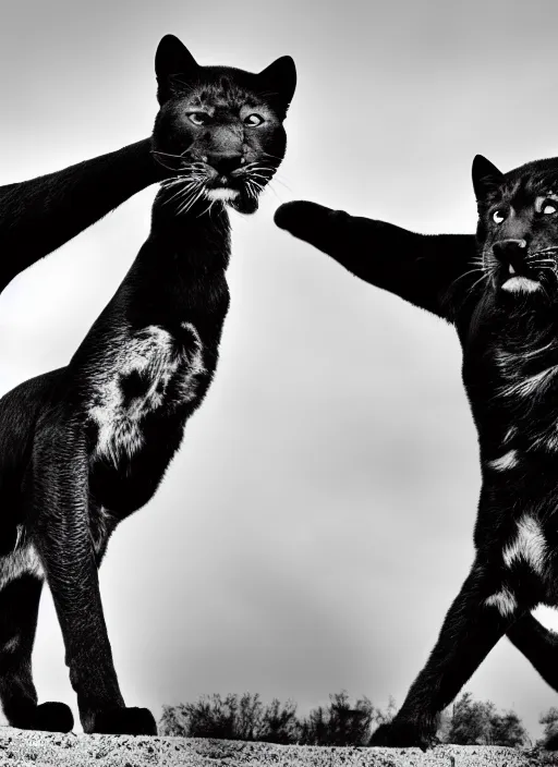 Image similar to two black panthers black and white portrait white sky in background