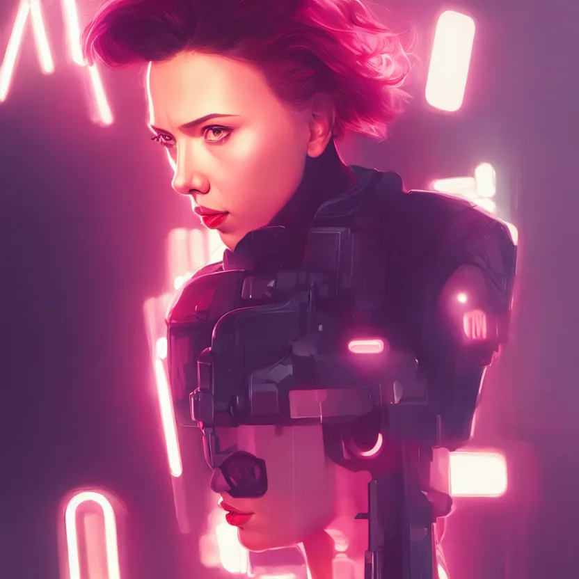 Image similar to 3 / 4 portrait, scarlett johansson as major mira killian from ghost in a shell, night, crop top, beautiful, in a modern city, neon signs, jewelry, artstation, william bouguereau, rossdraws, greg rutkowski, super detailed, realistic, octane render, volumetric, cinematic, 8 k