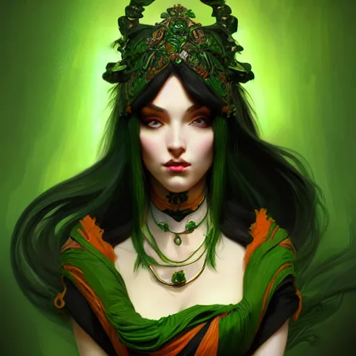 Prompt: aristocrat, green black orange color palette, black female, d & d, fantasy, intricate, elegant, highly detailed, long green hair, digital painting, artstation, octane render, concept art, matte, sharp focus, illustration, hearthstone, art by artgerm, alphonse mucha johannes voss