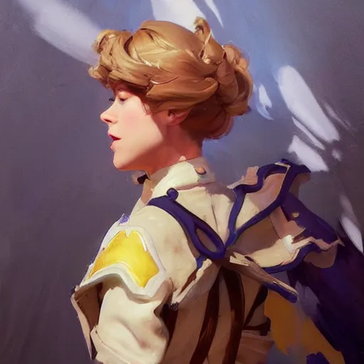 Image similar to greg manchess portrait painting of violet evergarden as overwatch character, totally whack, medium shot, asymmetrical, profile picture, organic painting, sunny day, matte painting, bold shapes, hard edges, street art, trending on artstation, by huang guangjian and gil elvgren and sachin teng