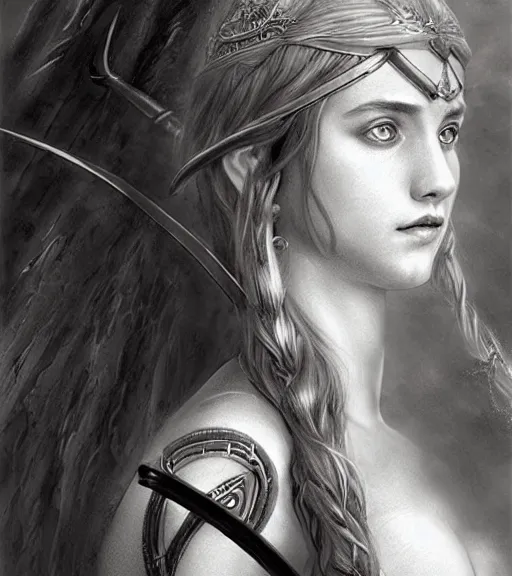 Image similar to beautiful young aphrodite goddess as an archer warrior, realistic face, beautiful eyes, black and white drawing, in the style of greg rutkowski, fantasy, amazing detail, epic, intricate, elegant, smooth, sharp focus