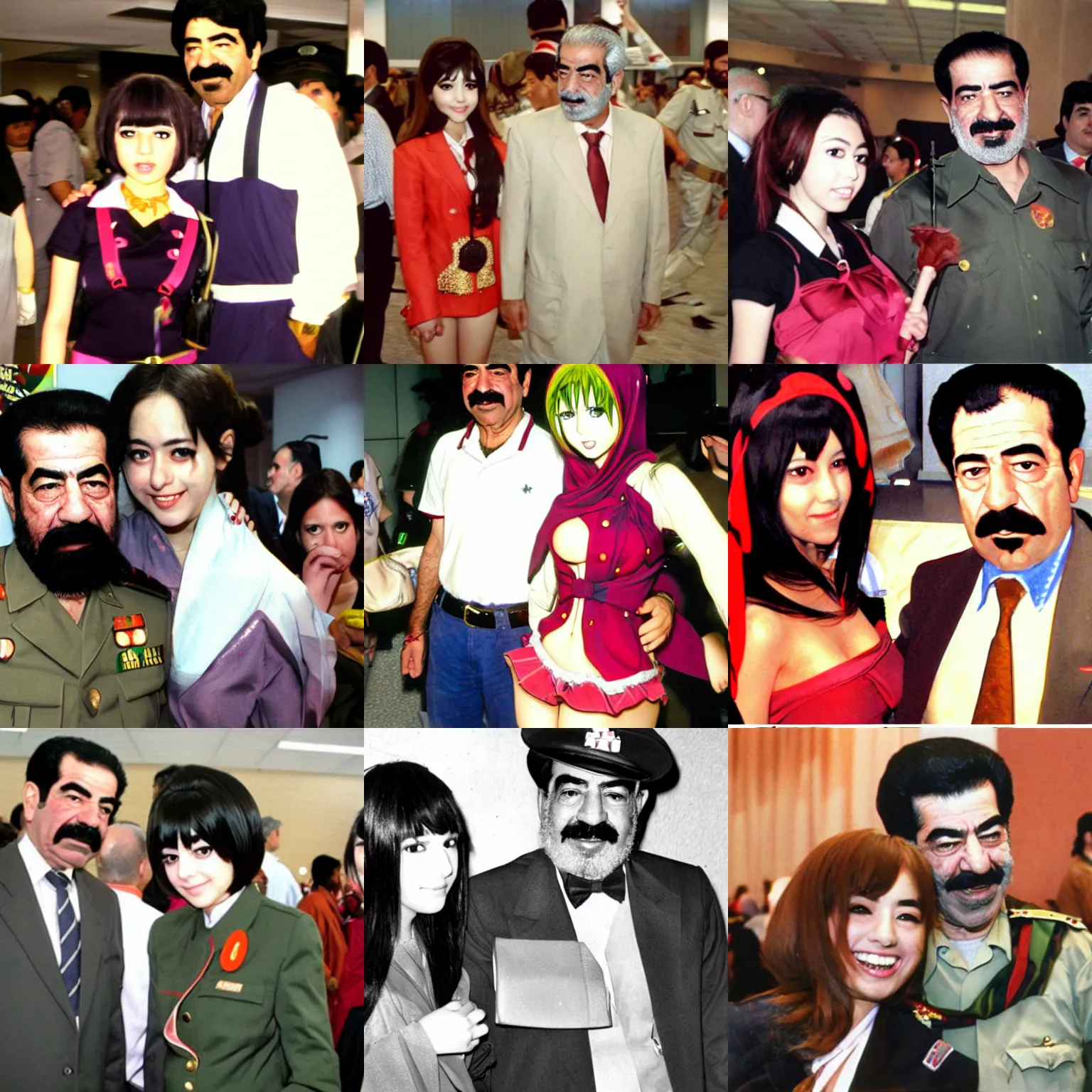Prompt: saddam hussein at an anime convention with an anime girl