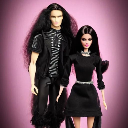 Prompt: Brand new goth Barbie and Ken doll prototype by Mattel posed for a product photoshoot on a neutral background