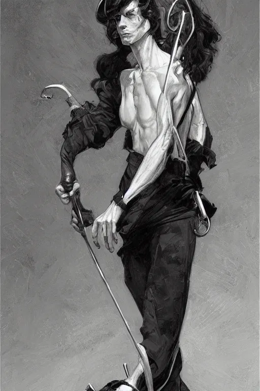 Image similar to skinny man with a cane, long dark hair, 1 9 2 0 s fashion, elegant, highly detailed, intricate, smooth, sharp focus, artstation, digital paining, concept art, art by donato giancola, greg rutkowski, artgerm, cedric peyravernay, valentina remenar, craig mullins