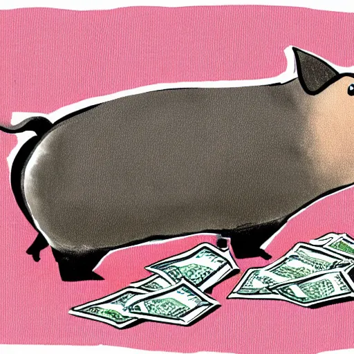 Prompt: a muddy pig rolling in a pile of money, cartoon art style