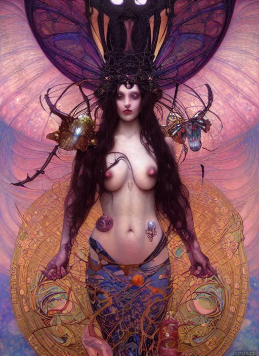 Image similar to hyper detailed masterpiece succubus girl enchantress by donato giancola and tom bagshaw, face by artgerm and edmund leighton, and alphonse mucha, trending on artstation, colorful, psychedelic aesthetic, ornate, background by gustav klimt, 8 k, biomechanical, majestic, volumetric lighting, porcelain skin, concept art, sharp focus