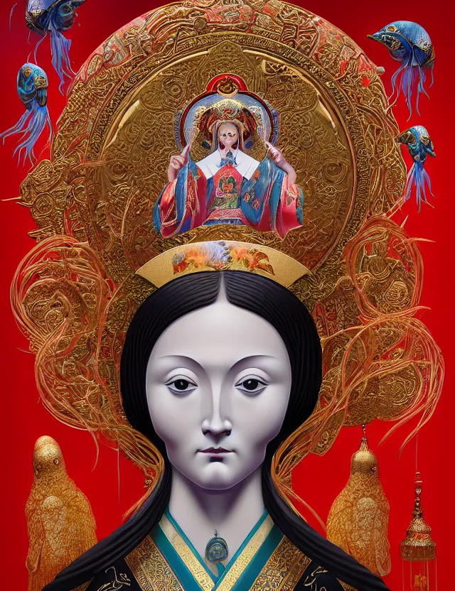 Image similar to 3 d goddess close - up profile portrait russian orthodox icon with ram skull. beautiful intricately detailed japanese crow kitsune mask and clasical japanese kimono. betta fish, jellyfish phoenix, bio luminescent, plasma, ice, water, wind, creature, artwork by tooth wu and wlop and beeple and greg rutkowski