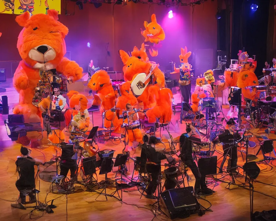 Image similar to an animatronic band composed of an orange rabbit, a red cat, and a blue sheep. the band is performing on stage at a family entertainment center. the center is brightly lit and there are families watching and enjoying the show.