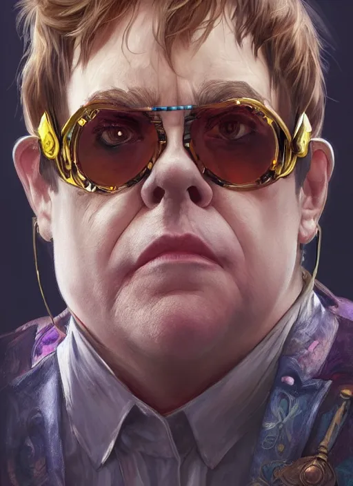 Prompt: Elton John, headshot, painted fantasy character portrait, D&D, highly detailed, digital painting, artstation, sharp focus, art by artgerm and greg rutkowski and alphonse mucha and magali villeneuve