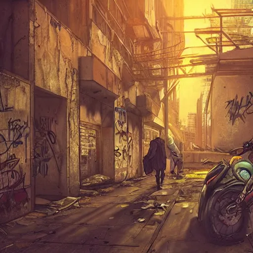 Prompt: graffiti on a wall in a run down building, happy mood, cyberpunk, high detail, golden light, realistic