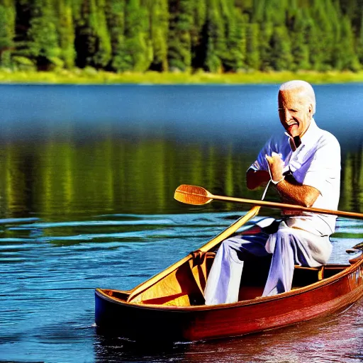 Image similar to 8k Photograph of Joe Biden in a rowboat on a lake. Dramatic. National Geographic.