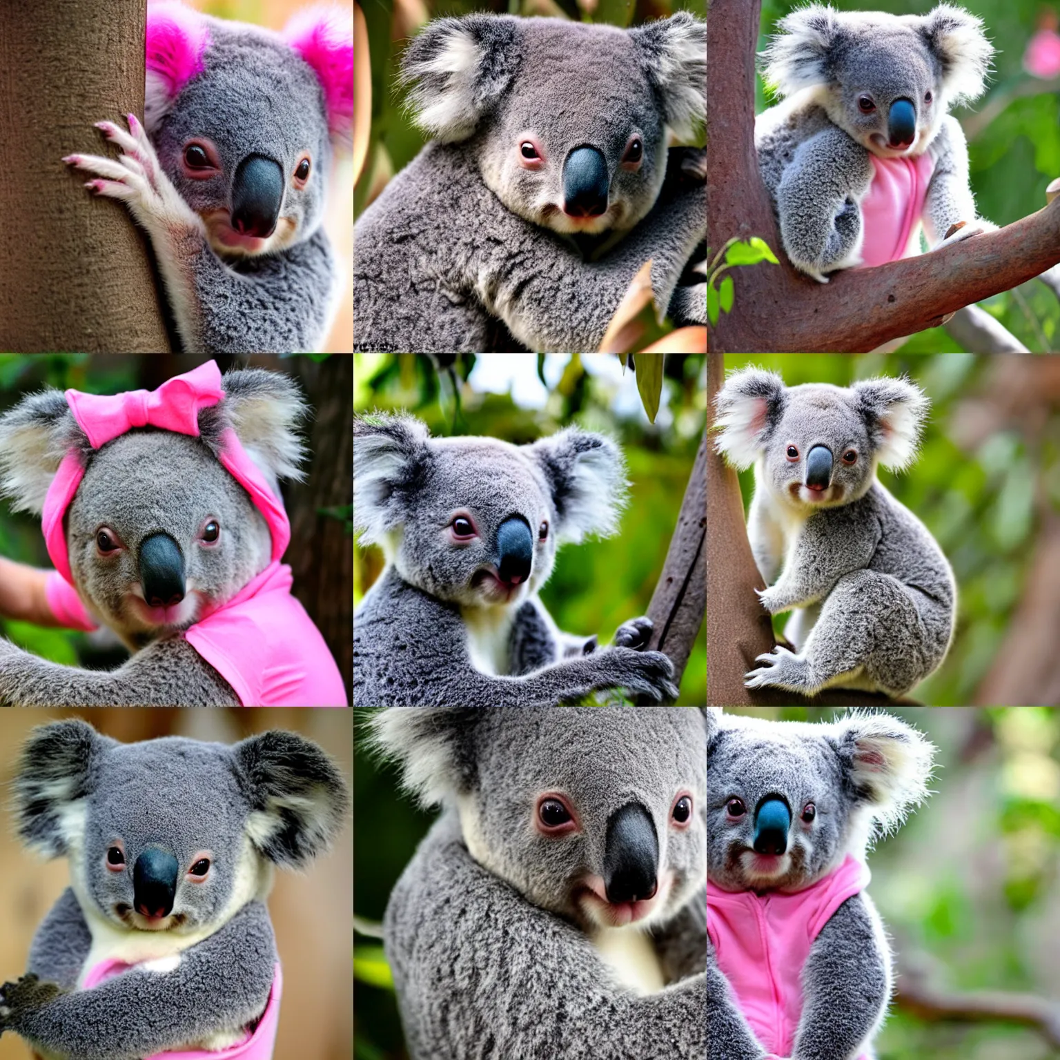 Prompt: a photograph of a koala baby wearing a pink koala onesie.