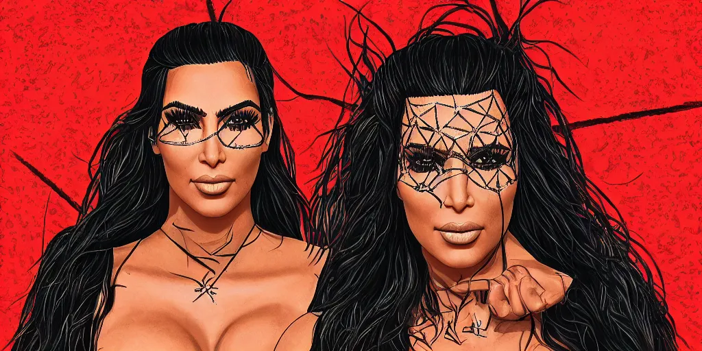 Image similar to kim kardashian on a coachella stage in the style of a slipknot album cover, minimal art style, highly detailed, intricate, digital painting, artstation, 3 5 mm film grain