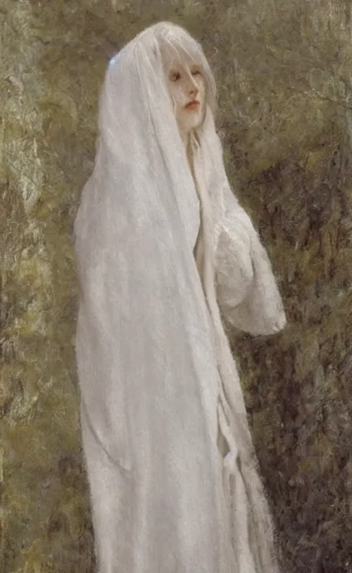 Prompt: say who is this with silver hair so pale and wan! and thin? flowing hair covering front of body, white robe, white dress!! of silver hair, covered!!, clothed!! lucien levy - dhurmer, fernand keller, fernand khnopff, oil on canvas, 1 8 9 6, 4 k resolution, aesthetic, mystery