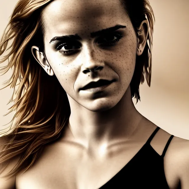 Image similar to emma watson, fit body, highly detailed, 4 k, hdr, smooth, sharp focus, high resolution, award - winning photo, boris valejo, photorealistic