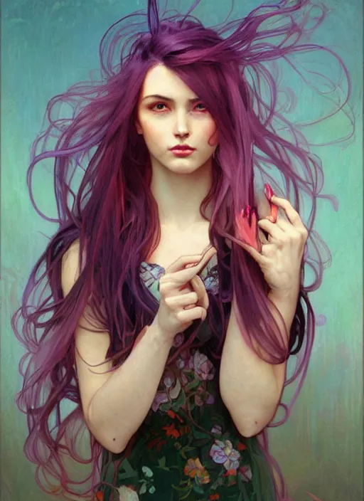 Image similar to a young woman with beautiful rainbow hair. she looks very angry. beautiful painting by artgerm and greg rutkowski and alphonse mucha lois van baarle