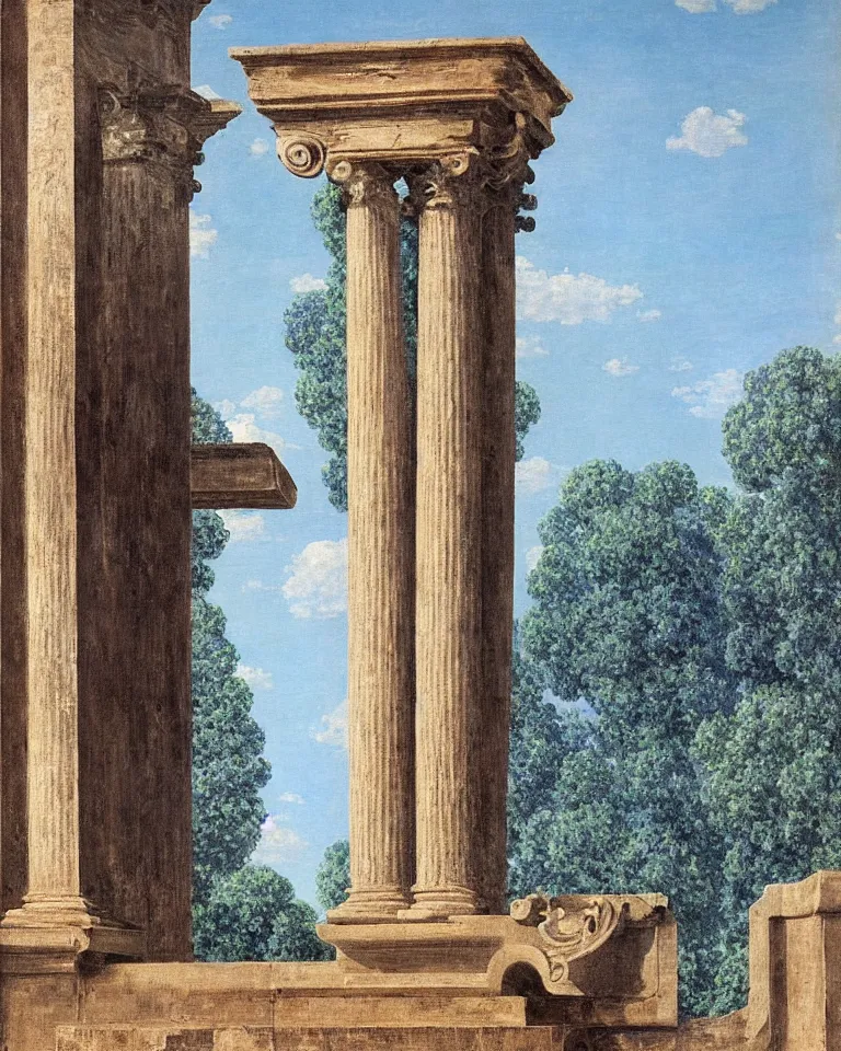 Image similar to achingly beautiful painting of intricate ancient roman ionic capital on a baby blue background by rene magritte, monet, and turner. giovanni battista piranesi.