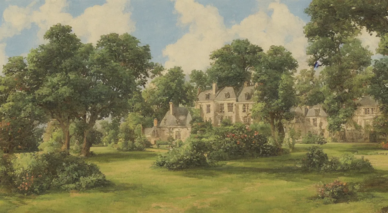 Prompt: a landscape painting of a French manor, with a square and garden, in the style of anime