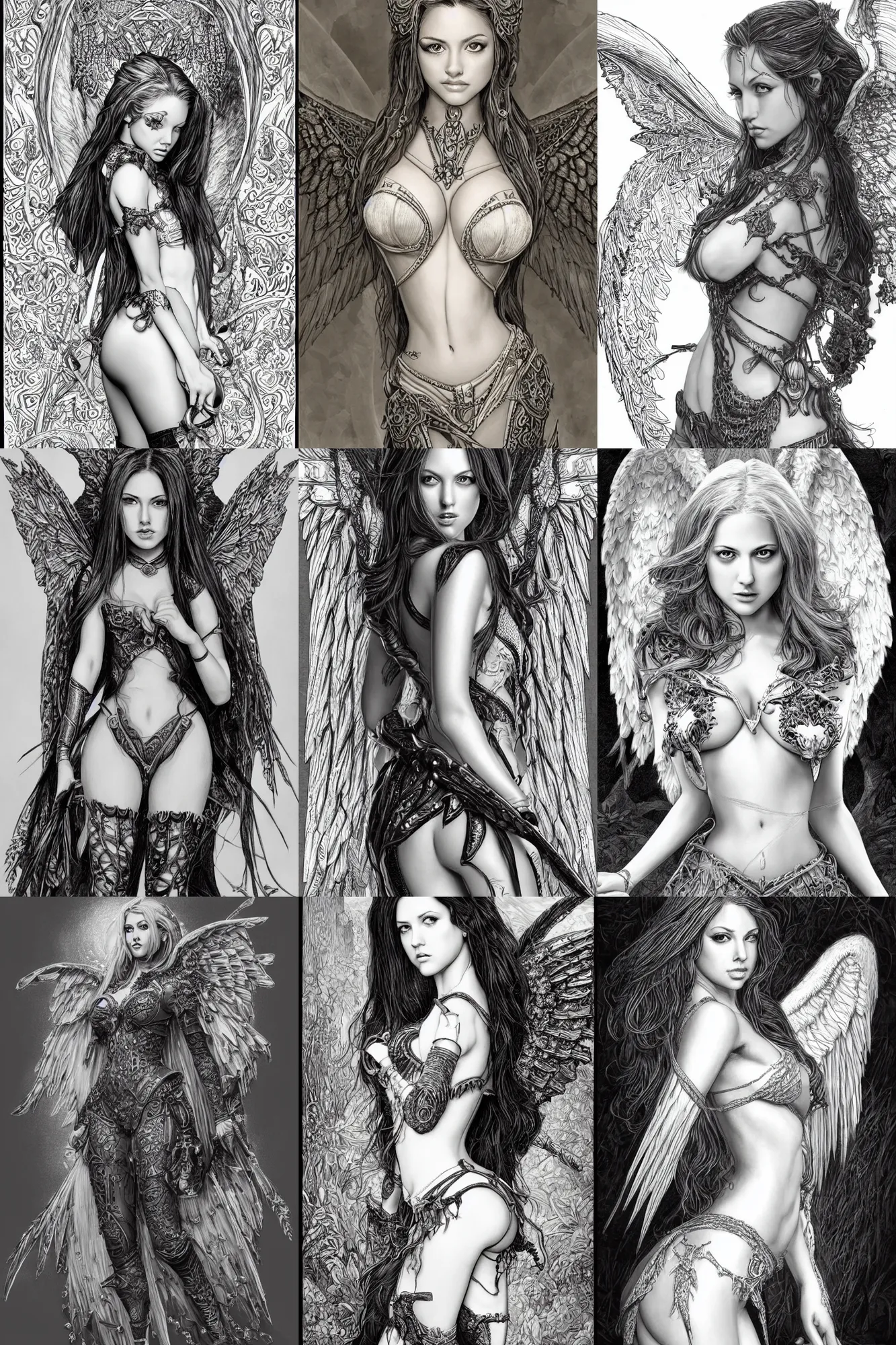 Prompt: alluring highly-detailed pen and ink illustration of an attractive young female angel (played by a young Jenna Haze from 2003), clothed in a chesty fantasy outfit, intricate, elegant, highly detailed, digital painting, trending on Artstation, concept art, smooth, sharp focus, illustration, in the style of artgerm and greg rutkowski and alphonse mucha