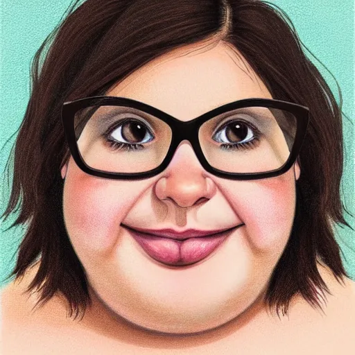 Prompt: fat brunette woman with messy hair in a short bob, big forehead, round face, big cheeks, large glasses, romanian heritage, brown almond-shaped eyes, smile, olive skin, round nose, protruding chin, wide face, thin lips, wide mouth, no bangs, digital art, painterly, cartoon, cute, 8k, illustration, art by loish, painterly, trending on artstation, medium shot, uncropped