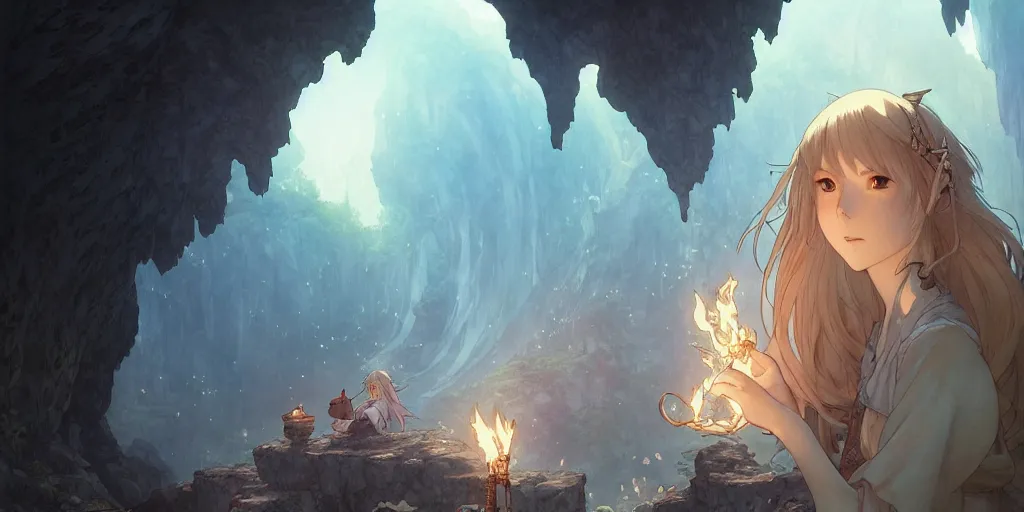 Image similar to the girl and the cave. anime, fantasy, smooth. torches, dark. by hayao miyazaki and rossdraws and artgerm and chie yoshii and detmold and greg rutkowski and alphonse mucha. artstation. high quality, stunning, intricate detailed environment. 8 k