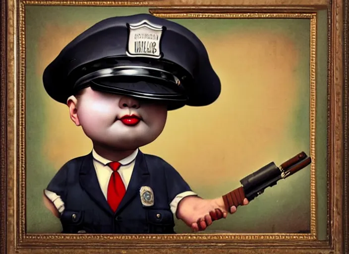 Image similar to a donut wearing a cop hat, lowbrow, matte painting, 3 - d highly detailed, in the style of mark ryden,