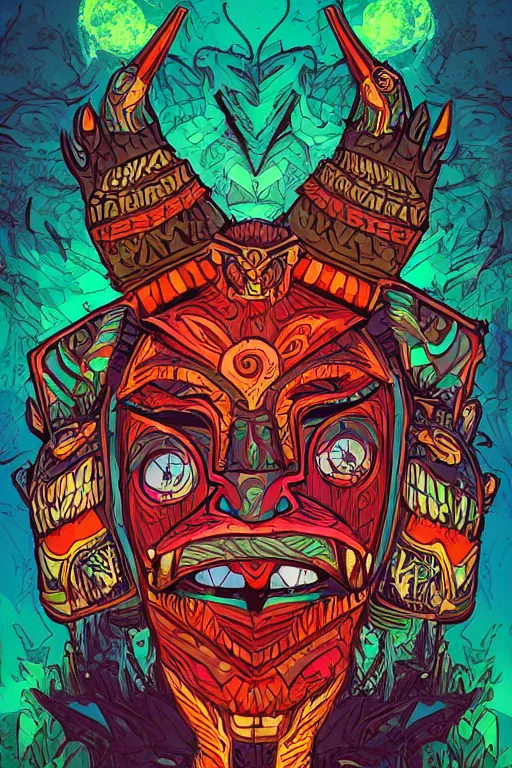 Image similar to totem animal tribal chaman vodoo mask feather gemstone plant wood rock video game illustration vivid color borderlands by josan gonzales and dan mumford radiating a glowing aura