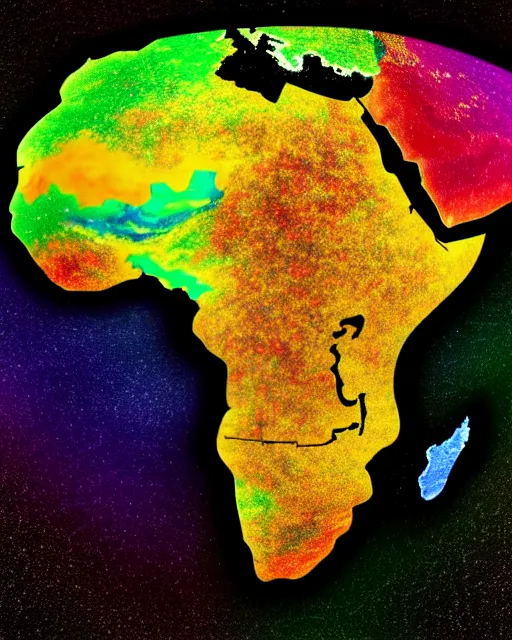 Image similar to a extremely ultra highly detailed hi - res ultra highly detailed colorful logo of africa black background, zoom out, 8 k, high textures, ultra hyper sharp, insanely detailed and intricate, super detailed, 3 d render, 8 k hdr ultra high quality high polygon, psychedelic, retro wave, digital art,