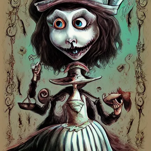 Image similar to alice in wonderland, nightmare, horror, art, illustration, by tim burton, artstation, artgem