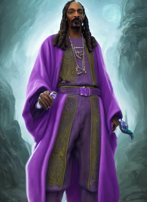 Image similar to snoop dogg as a mage, short beard, grumpy, intricate purple robes, Ivan Aivakovsky, Boris Vallejo, epic fantasy character art, D&D Concept Art, full length, ultra Realistic, Regal, Refined, Detailed Digital Art, Exquisite detail, post-processing, masterpiece, Cinematic Lighting, Unreal Engine, 8k, HD,