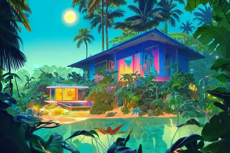 Image similar to a luminescent tropical cottage by paolo eleuteri serpieri and tomer hanuka and chesley bonestell and daniel merriam and tomokazu matsuyama, unreal engine, high resolution render, featured on artstation, octane, 8 k, highly intricate details, vivid colors, vector illustration