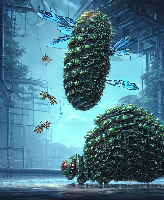 Image similar to a giant industrial plant made out of seamless isopod dragonflies, in the style of a puffy robot, overgrown with orchids, partly cloudy, somber, dramatic lighting, by dan mumford, yusuke murata, makoto shinkai, ross tran, cinematic, unreal engine, cel shaded, featured on artstation, pixiv