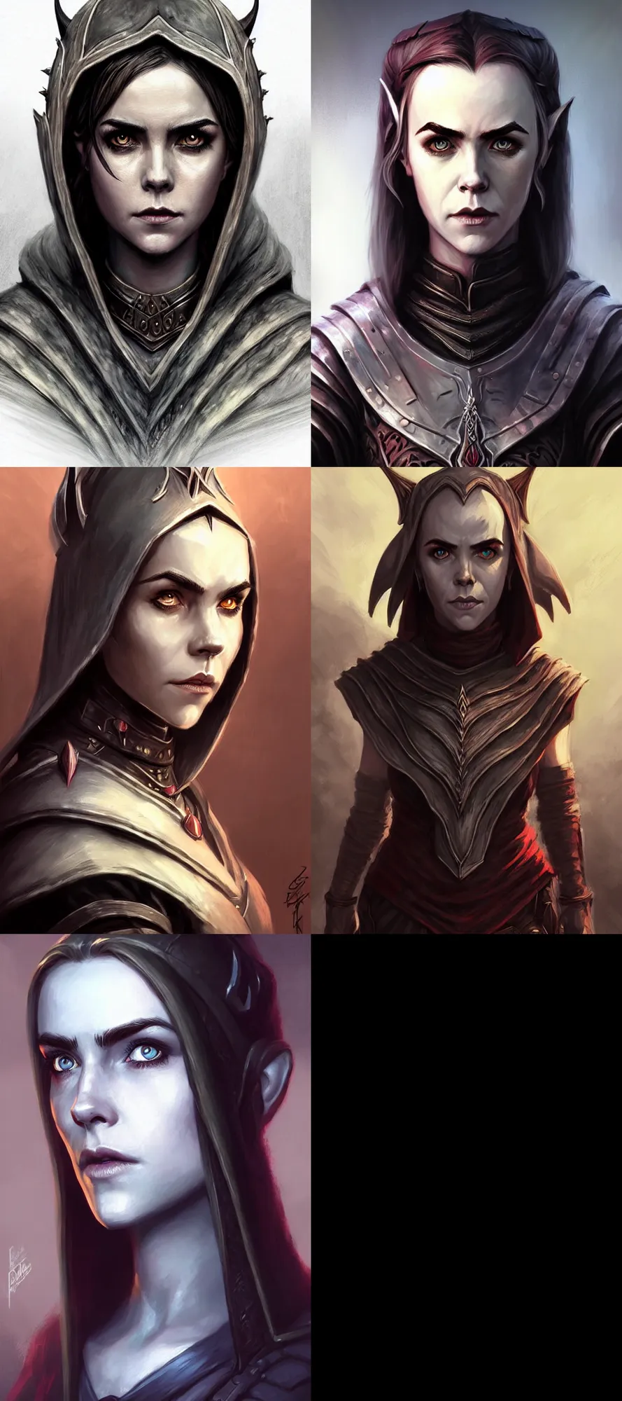 Prompt: portrait of dunmer dark elf kiernan shipka, elder scrolls colourised, face portrait, epic elder scrolls art, fantasy, skyrim, hd shot, digital portrait, beautiful, artstation, comic style, by artgerm, guy denning, jakub rozalski, magali villeneuve and charlie bowater