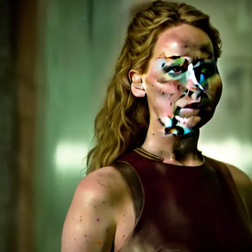 Image similar to cinematic jennifer lawrence as frankensteins monster, color photography, sharp detail, she is amused, still from the movie avengers