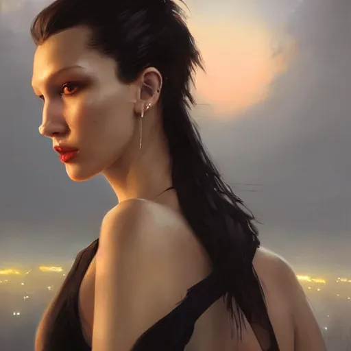 Prompt: a closeup portrait of bella hadid, dramatic light, city background, sunset, high contrast, sharp, painted by stanley lau, painted by greg rutkowski, painted by stanley artgerm, digital art, trending on artstation